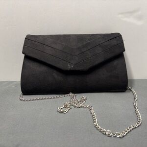 Dressen women’s evening bag.  Black suede with silver chain handle